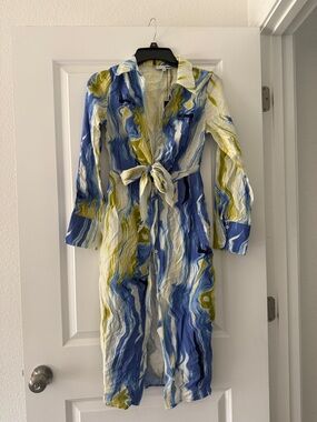 Fashion Nova Blue White Olive Green Marble Midi Dress